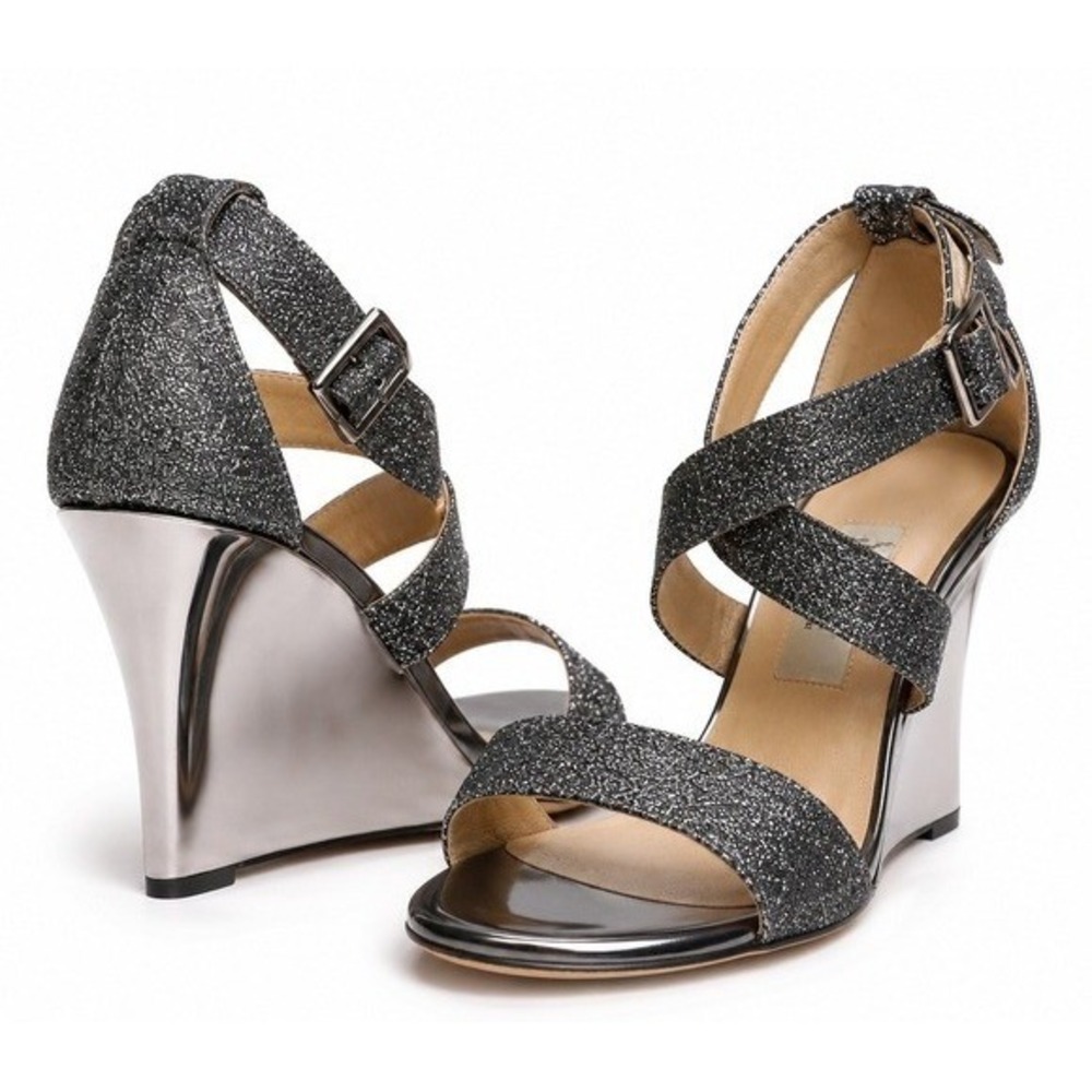 Jimmy Choo Fearne Wedge Sandals Women 37 Silver Anthracite Glitter Heels Glamour